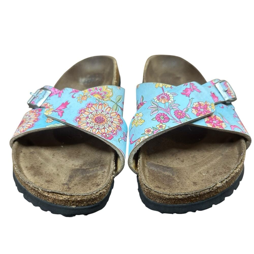Birkenstock Birkis Cross Strap Blue Pink Floral Slide Slip On Sandals Womens 8 - Picture 3 of 9
